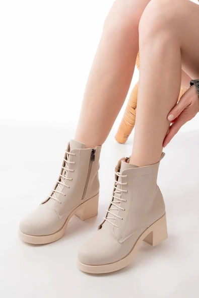 Bej Bağcıklı Fermuarlı Kalın Topuklu Günlük Kadın Bot - 2