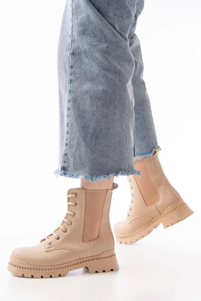 Bej Düz Topuklu Bağcıklı Lastikli Günlük Kadın Bot - 2