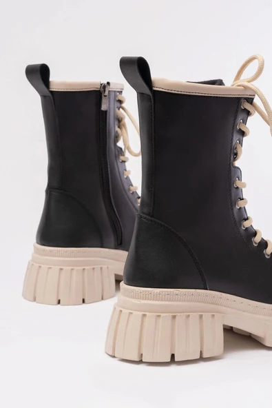 Siyah Bağcıklı Kalın Tabanlı Fermuarlı Günlük Kadın Bot - Resim 2