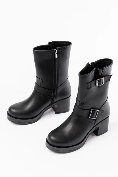 Siyah Toka Aksesuarlı Fermuarlı Kalın Topuklu Günlük Kadın Bot - 5