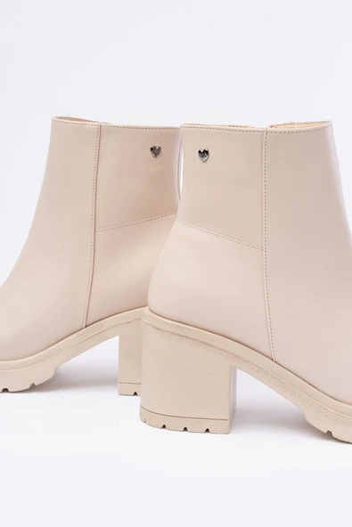 Bej Fermuarlı Kalın Topuklu Günlük Kadın Bot - Resim 3