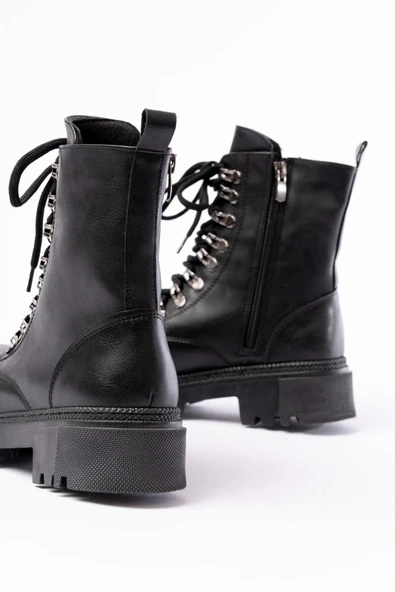 Siyah Cilt Bağcıklı Fermuarlı Günlük Kadın Bot - 3