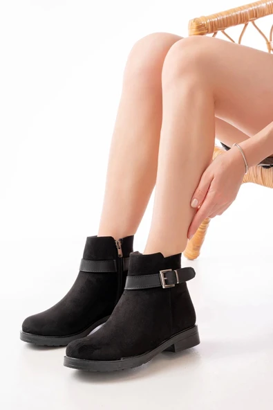 Siyah Süet Toka Aksesuarlı Fermuarlı Günlük Kadın Bot - Resim 2