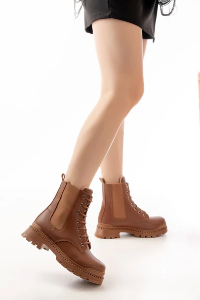 Taba Düz Topuklu Bağcıklı Lastikli Günlük Kadın Bot - 3