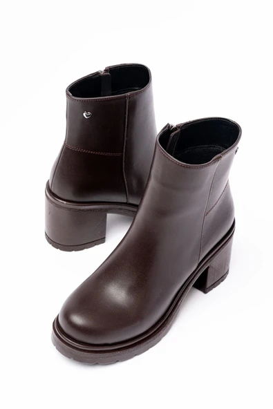 Kahverengi Fermuarlı Kalın Topuklu Günlük Kadın Bot - Resim 6