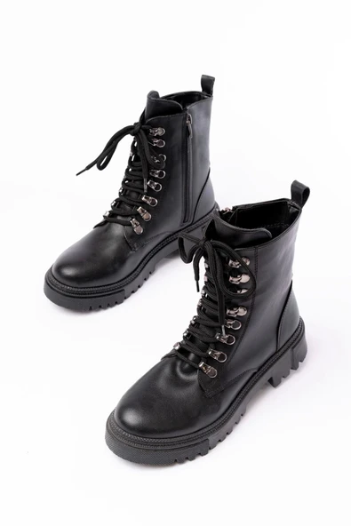 Siyah Cilt Bağcıklı Fermuarlı Günlük Kadın Bot - 5