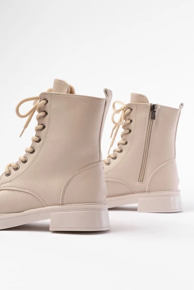 Bej Galata Düz Topuklu Bağcıklı Fermuarlı Günlük Kadın Bot - 4