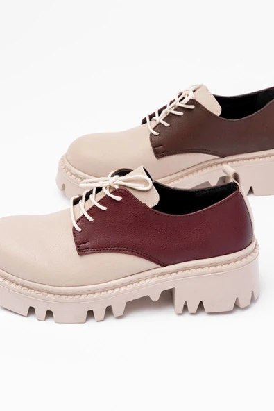 Bej Garni Bağcıklı Günlük Yüksek Tabanlı Loafer Ayakkabı - 5