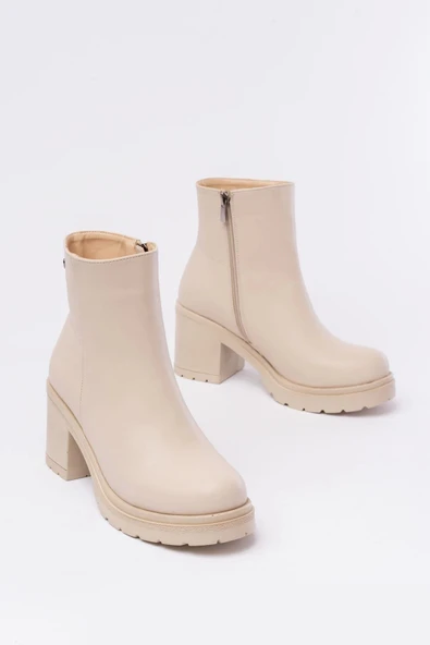 Bej Fermuarlı Kalın Topuklu Günlük Kadın Bot - Resim 5