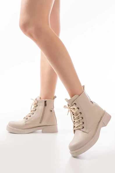 Bej Galata Düz Topuklu Bağcıklı Fermuarlı Günlük Kadın Bot - 6