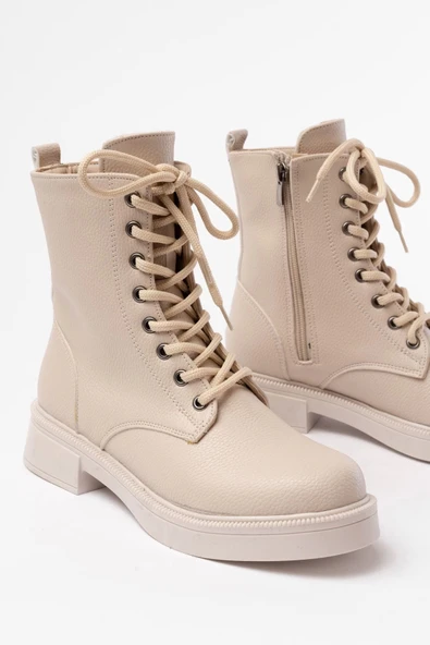 Bej Galata Düz Topuklu Bağcıklı Fermuarlı Günlük Kadın Bot - 5