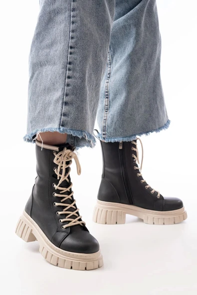 Siyah Bağcıklı Kalın Tabanlı Fermuarlı Günlük Kadın Bot - Resim 3