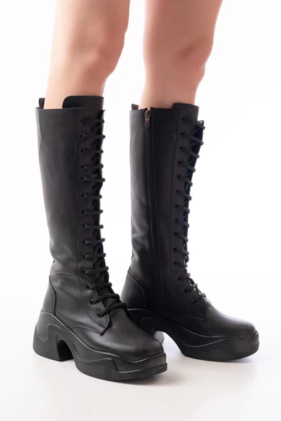 Siyah Yüksek Tabanlı Bağcıklı Fermuarlı Günlük Kadın Çizme - Resim 3