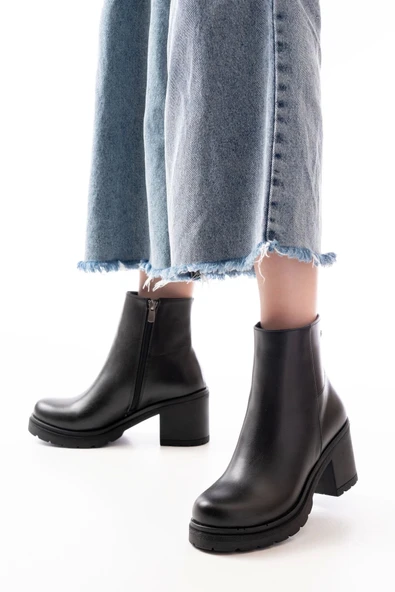 Siyah Fermuarlı Kalın Topuklu Günlük Kadın Bot - 2