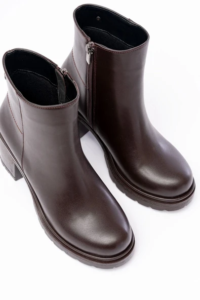 Kahverengi Fermuarlı Kalın Topuklu Günlük Kadın Bot - Resim 3