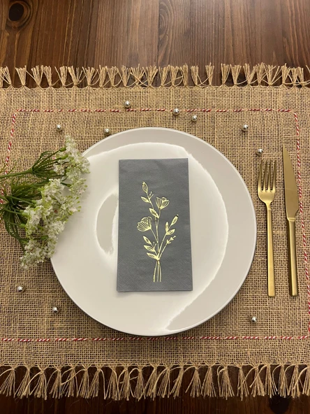 Gold Yaldızlı Gri Gelincik Çiçeği Baskılı Garson Katlama Peçete 16 Adet ürün görseli 1