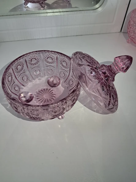 Elmas Kesim Desenli Kapaklı Cam Şekerlik – Mor Renk - 3