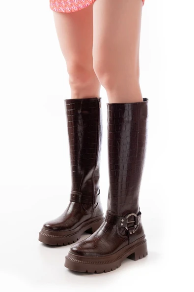 Kahverengi Kroko Fermuarlı Günlük Kadın Çizme - 2