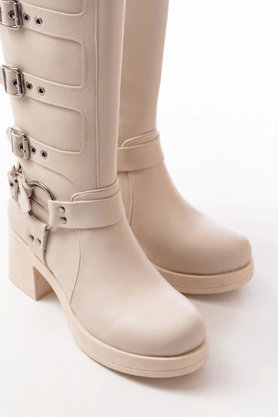 Bej Topuklu Fermuarlı Toka Aksesuarlı Günlük Kadın Çizme - 5