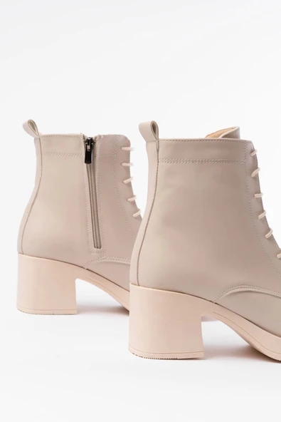 Bej Bağcıklı Fermuarlı Kalın Topuklu Günlük Kadın Bot - 5