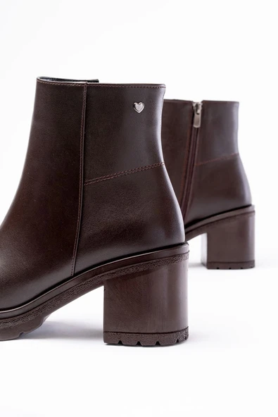 Kahverengi Fermuarlı Kalın Topuklu Günlük Kadın Bot - Resim 5