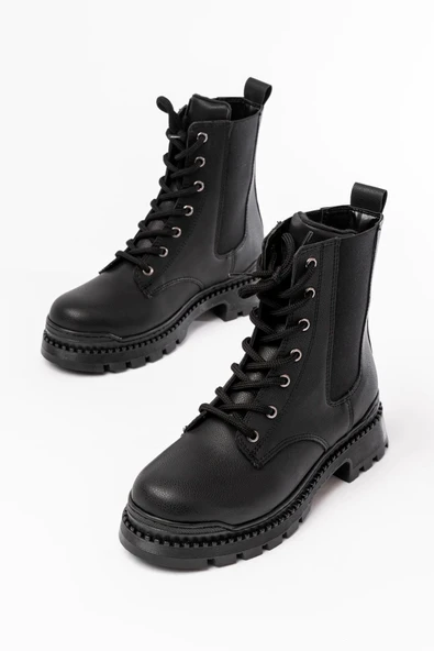 Siyah Luna Düz Topuklu Bağcıklı Lastikli Günlük Kadın Bot - Resim 3