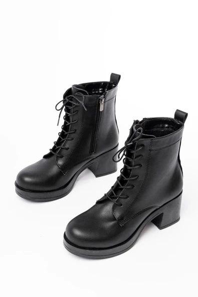 Siyah Bağcıklı Fermuarlı Kalın Topuklu Günlük Kadın Bot - 3