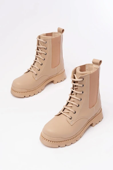 Bej Düz Topuklu Bağcıklı Lastikli Günlük Kadın Bot - 5