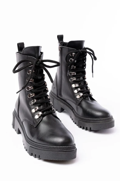 Siyah Cilt Bağcıklı Fermuarlı Günlük Kadın Bot - 4