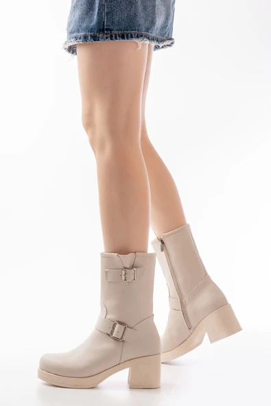 Bej Toka Aksesuarlı Fermuarlı Kalın Topuklu Günlük Kadın Bot ürün görseli 1