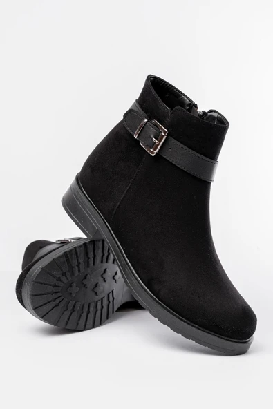 Siyah Süet Toka Aksesuarlı Fermuarlı Günlük Kadın Bot - Resim 4