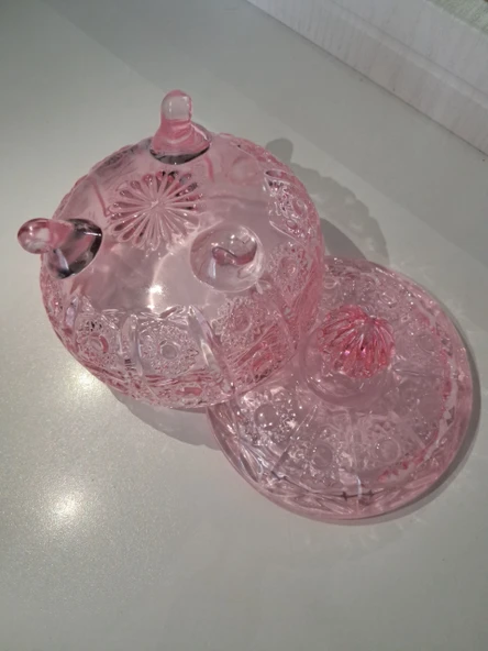 Elmas Kesim Desenli Kapaklı Cam Şekerlik – Pembe Renk - 3