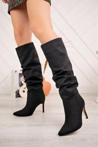 Siyah Süet Körüklü İnce Topuklu Günlük Kadın Çizme - 3