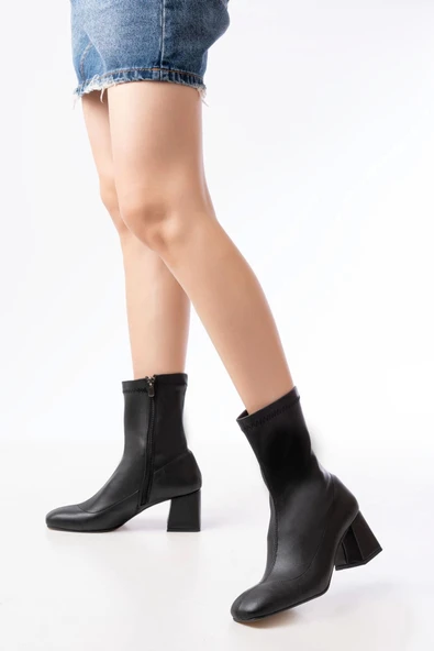 Siyah Streç Topuklu Fermuarlı Günlük Kadın Bot - Resim 2