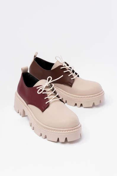 Bej Garni Bağcıklı Günlük Yüksek Tabanlı Loafer Ayakkabı - 3