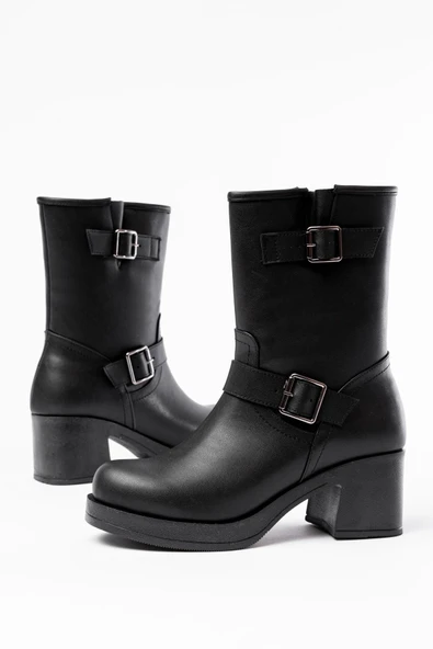 Siyah Toka Aksesuarlı Fermuarlı Kalın Topuklu Günlük Kadın Bot - 4