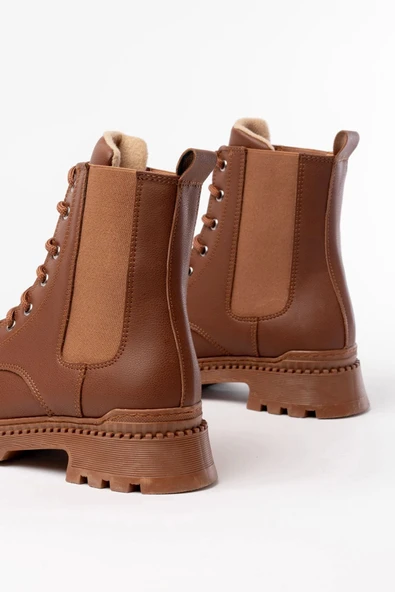 Taba Düz Topuklu Bağcıklı Lastikli Günlük Kadın Bot - 4