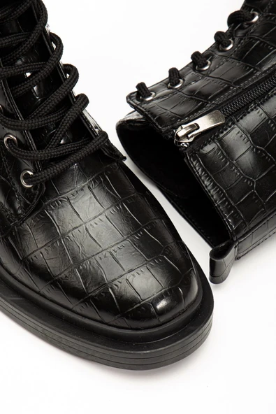 Siyah Kroko Bağcıklı Fermuarlı Günlük Kadın Bot - 4