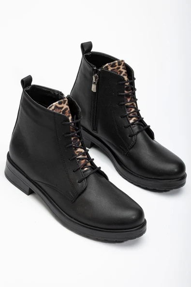 Siyaha Leopar Bağcıklı Fermuarlı Günlük Kadın Bot - Resim 5
