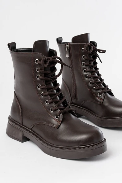 Kahve Düz Topuklu Bağcıklı Fermuarlı Günlük Kadın Bot - 5