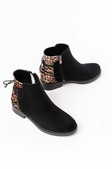 Siyah Leopar Arka Bağcık Aksesuarlı Fermuarlı Günlük Kadın Bot - Resim 3