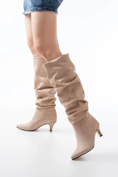 Bej Süet İnce Topuklu Günlük Bayan Çizme