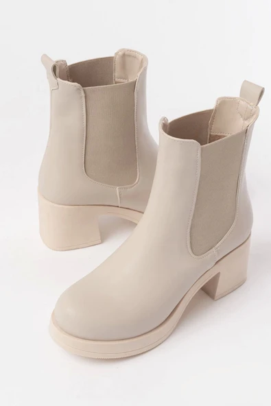 Bej Lastikli Fermuarlı Kalın Topuklu Günlük Kadın Bot - Resim 5