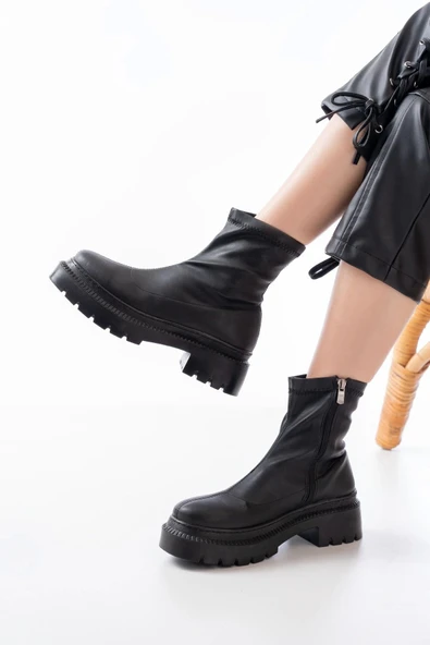 Siyah Streç Fermuarlı Günlük Kadın Bot - Resim 4