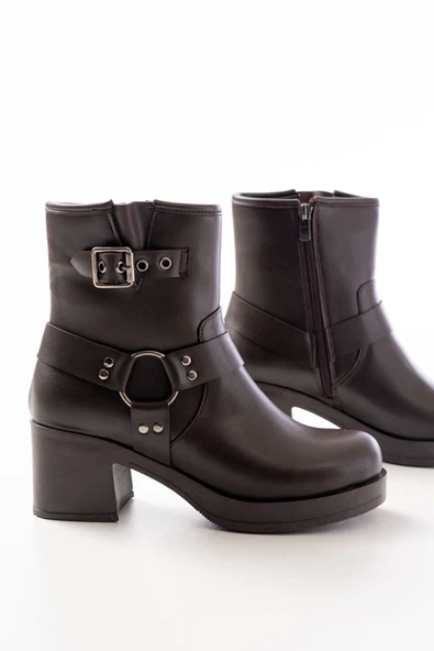 Kahverengi Toka Aksesuarlı Fermuarlı Kalın Topuklu Günlük Kadın Bot - 4