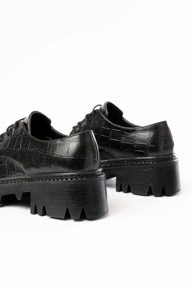 Siyah Kroko Bağcıklı Günlük Yüksek Tabanlı Loafer Ayakkabı - 3
