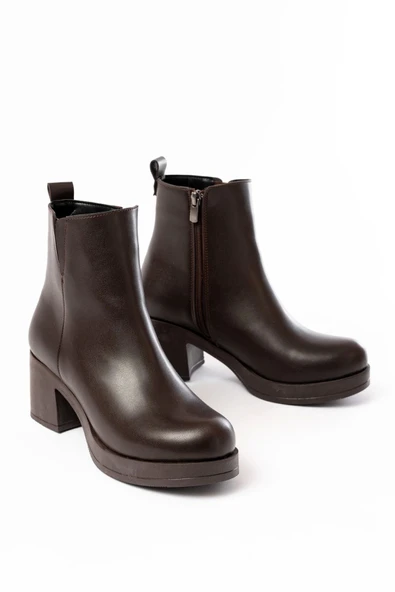 Kahverengi Lastikli Fermuarlı Kalın Topuklu Günlük Kadın Bot - 3