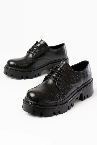 Siyah Kroko Bağcıklı Günlük Yüksek Tabanlı Loafer Ayakkabı - 5