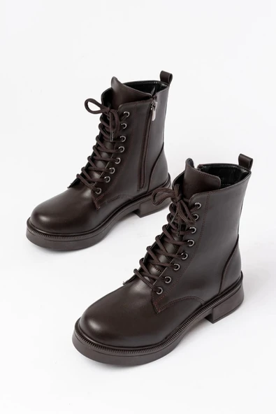 Kahve Düz Topuklu Bağcıklı Fermuarlı Günlük Kadın Bot - 3