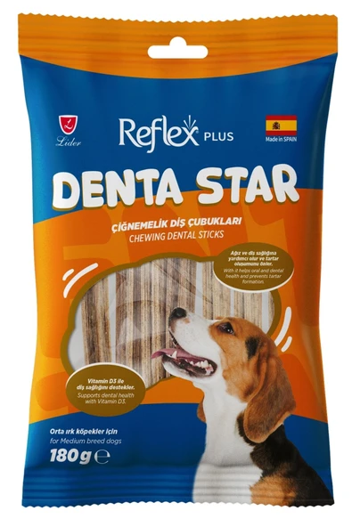 Reflex Plus Dentastar Chewing Dental Sticks Orta Irk Yetişkin Köpek Çiğnemelik Diş Çubukları 180gr ürün görseli 1